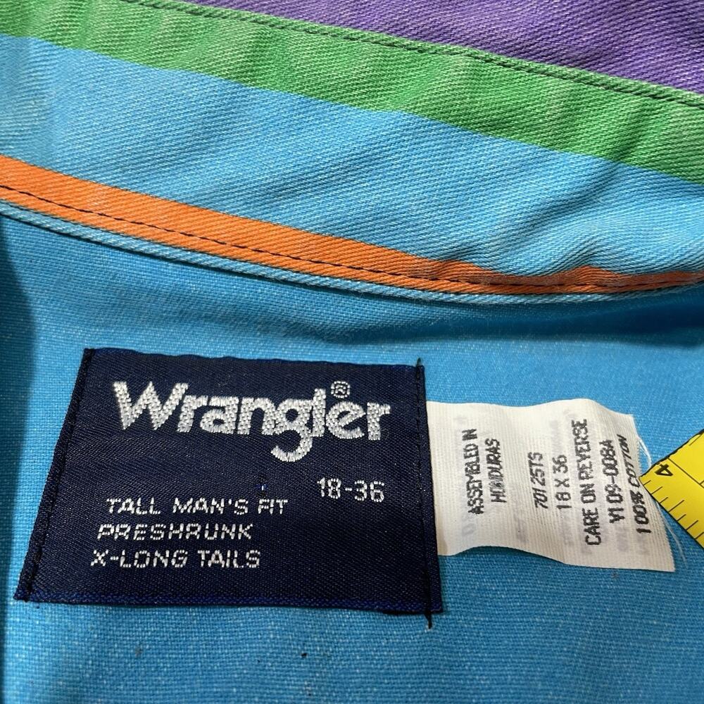 VTG 90s Wrangler Western Button Shirt 18 36 X-Long Tails Brushpopper Striped - Picture 3 of 7